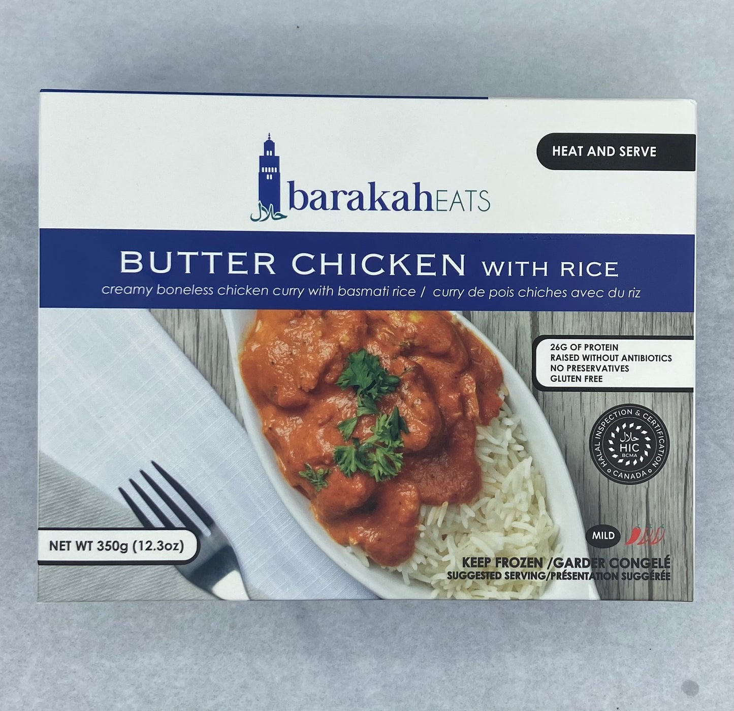 Packaging for Barakah Eats Butter Chicken with Rice. The front shows the product name, an image of the butter chicken curry with rice, and the net weight of 350g.