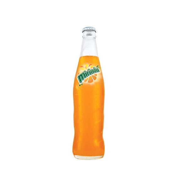 A 250mL glass bottle of Mirinda Orange soda with a green cap.