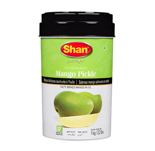 Shan Mango Pickle container with green label and black lid on a white background