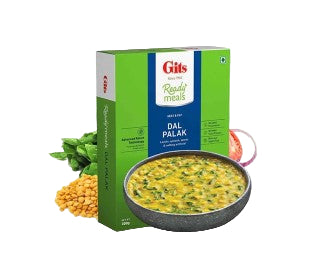 Gits Dal Palak ready meal packaging with a bowl of food and ingredients on a white background