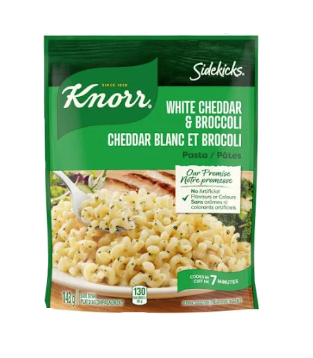 Knorr Sidekicks White Cheddar & Broccoli pasta package on a black background