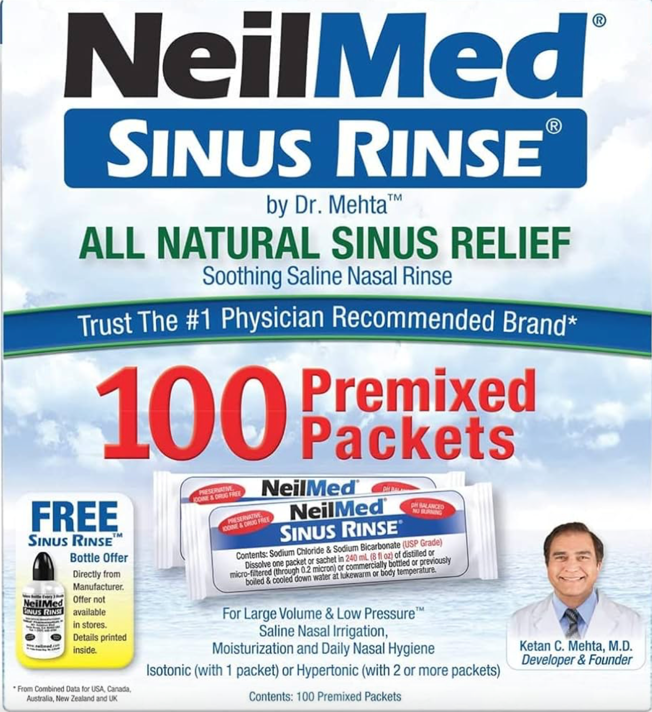NeilMed Sinus Rinse Starter Kit with 100 Packets