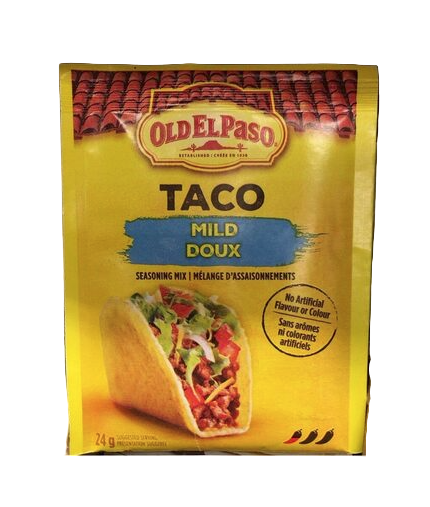Old El Paso Taco seasoning mix package on a black background