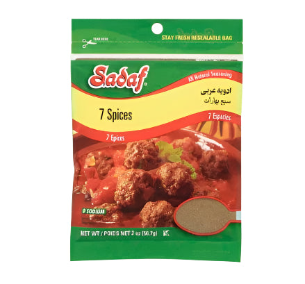 Sadaf 7 Spices package with images of food and text on a white background