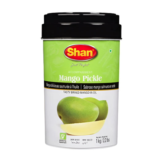 Shan Mango Pickle container with green label and black lid on a white background