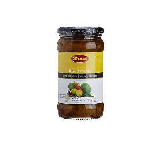 Jar of Shan brand mixed pickle on a white background