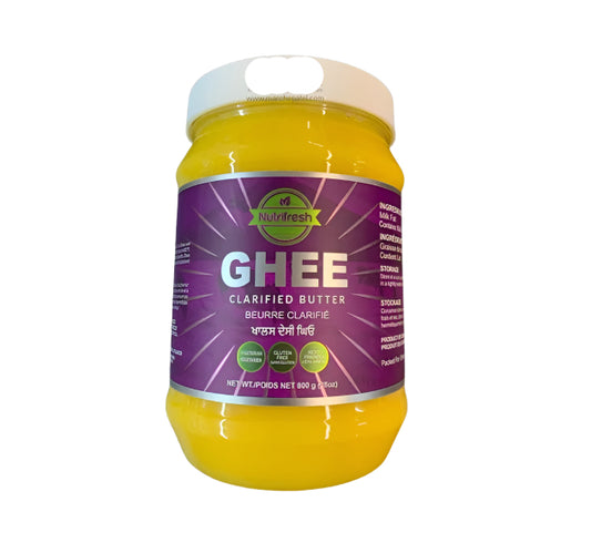 Jar of ghee with a purple label on a white background