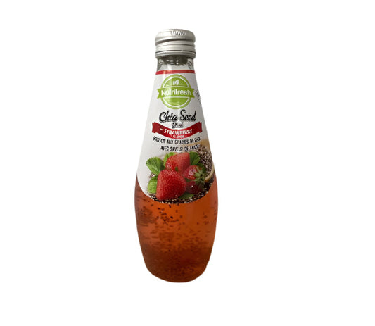 Bottle of strawberry-flavored drink with a visible label on a white background