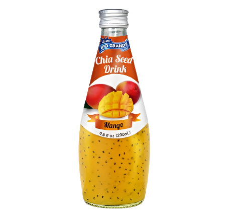 Bottle of Mango Chia Seed Drink with a red label on a white background
