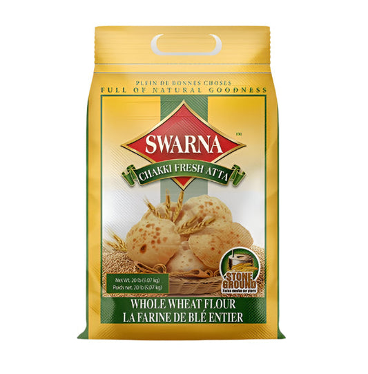 Bag of Swarna whole wheat flour on a white background