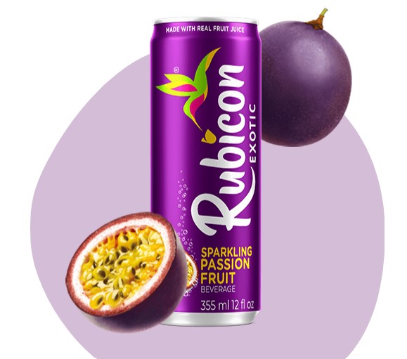 Rubicon Exotic sparkling passion fruit beverage can with a passion fruit on a purple background