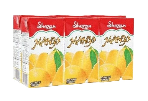 Six boxes of Shezan Mango juice on a white background