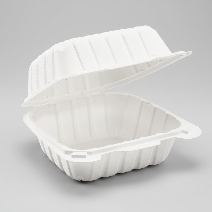 White disposable food container with lid on a white background