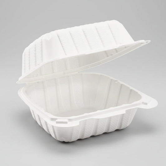 White disposable food container with lid on a white background