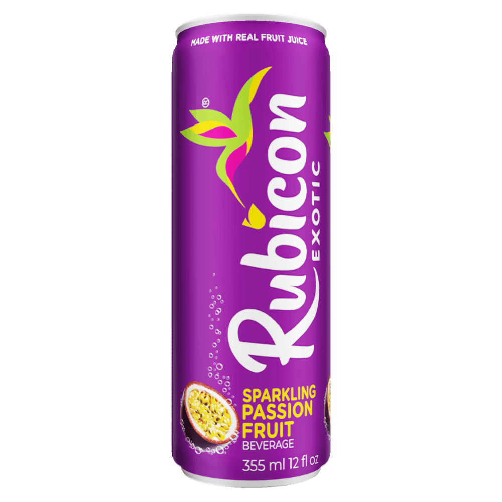 Purple can of Rubicon Exotic sparkling passion fruit beverage on a white background