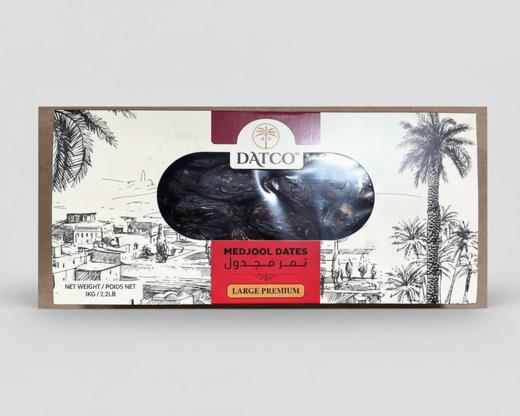 DATCO Medjool Dates packaging with palm tree and cityscape illustration